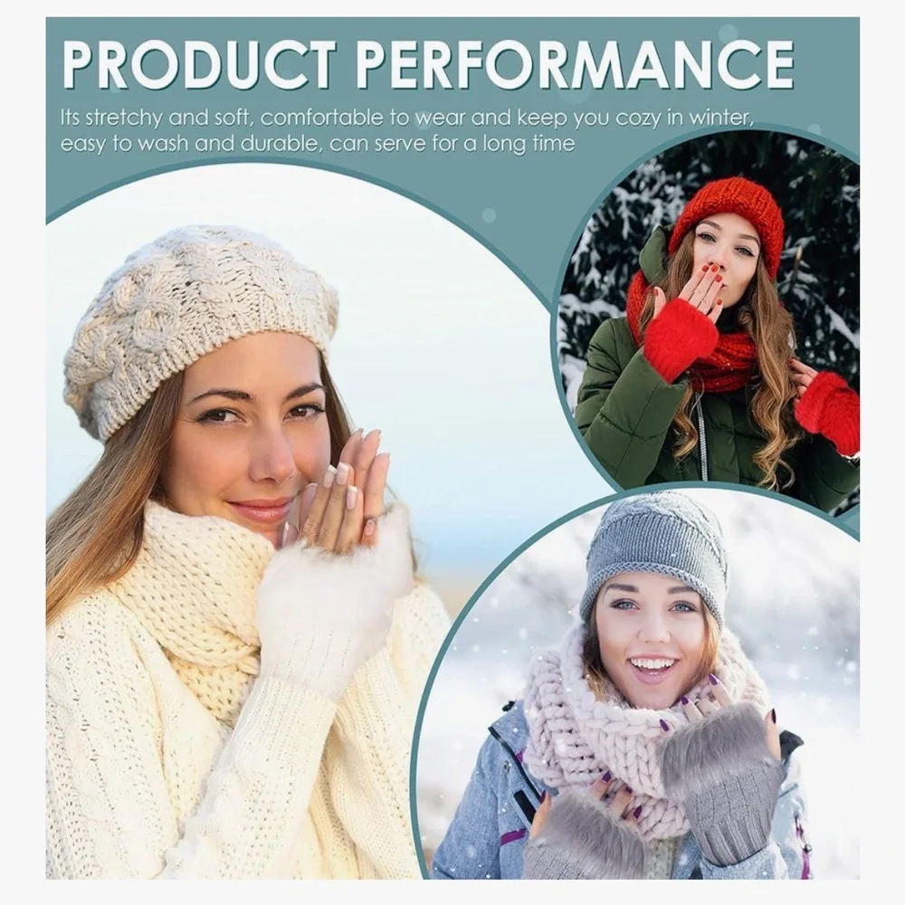 🆕 4 Pairs Knit Fingerless Winter Gloves Black Red White Grey Texting Gloves